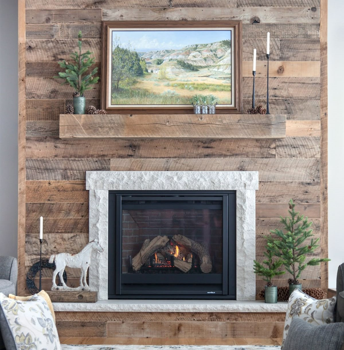 Custom wood fireplace surround with natural finish in Vancouver
