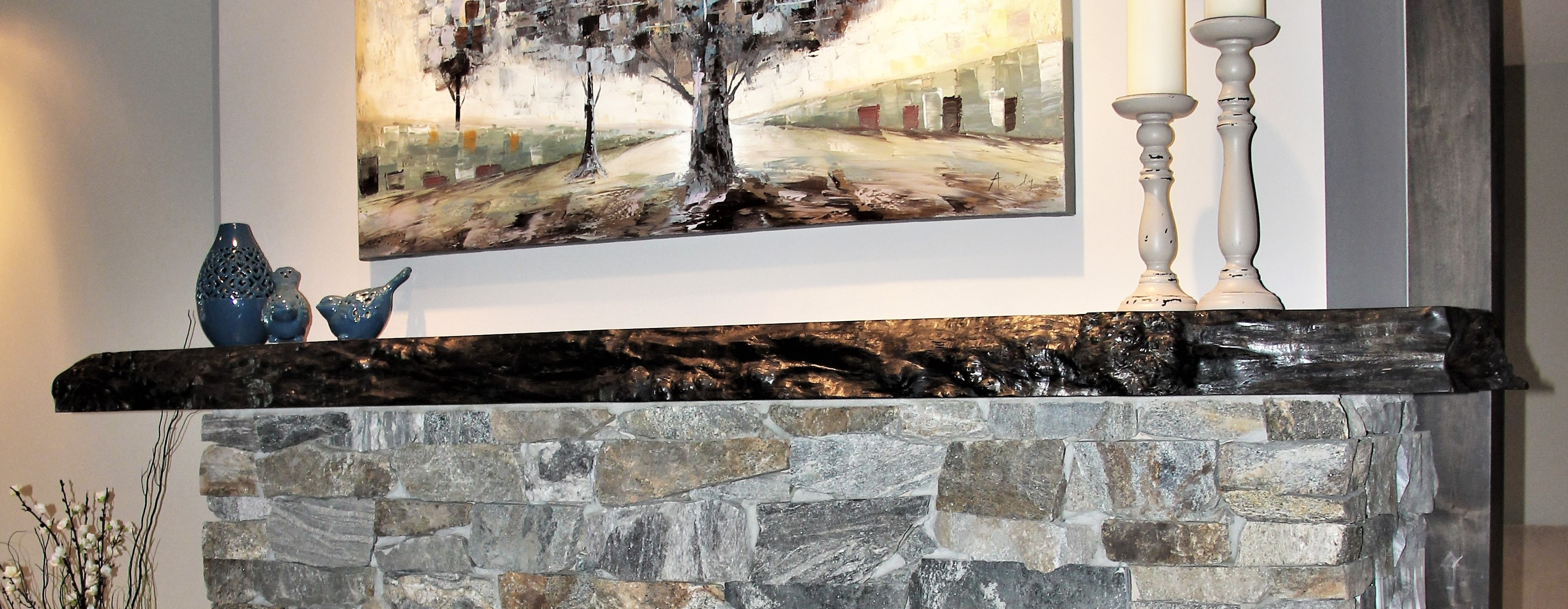 Live edge fireplace mantel installation in Vancouver home